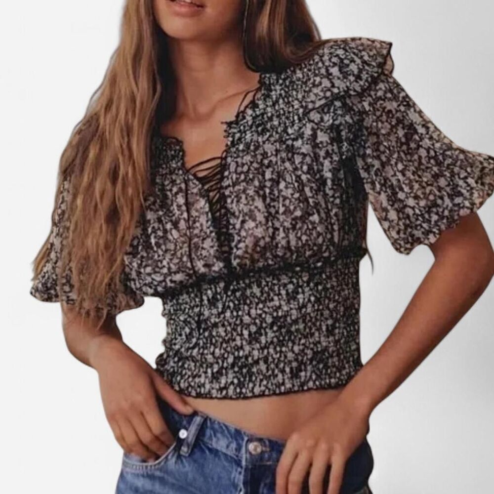 Free People Beatrice Printed Lace-Up Puff Sleeve Top XS | Cottagecore Boho
